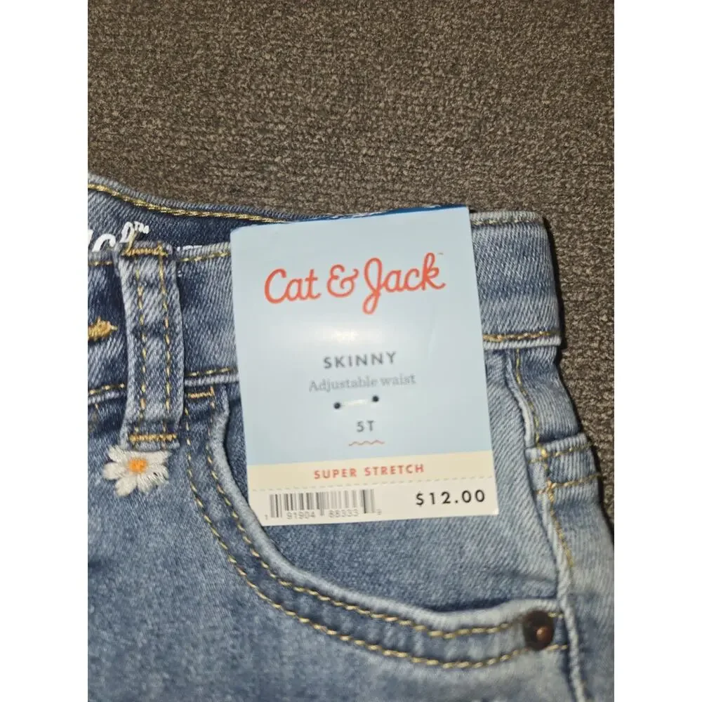 Cat & Jack Girls 5T Skinny Jeans Adjustable Waist Stretch Blue Floral Denim